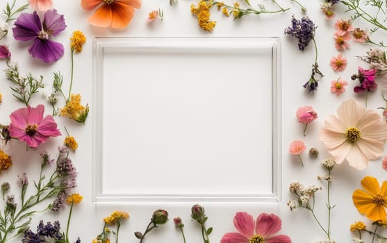 Colorful wildflowers and petals arranged around a white frame, creating a vibrant botanical border perfect for invitations or announcements.