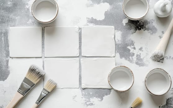 White ceramic containers and paintbrushes arranged around blank canvas squares on a distressed grey surface, perfect for artistic and creative concepts.