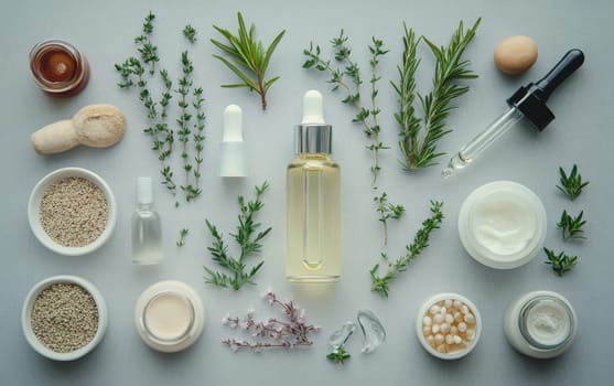 Organic skincare ingredients including herbs, oils, and creams arranged on light background with dropper bottles, showcasing natural beauty products and aromatherapy elements.