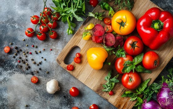 Colorful assortment of fresh vegetables and herbs on a wooden cutting board with peppercorns scattered around, showcasing healthy cooking ingredients.