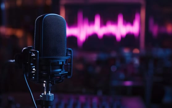 Close up of professional studio microphone with purple sound wave display in background, showcasing audio recording and music production technology.