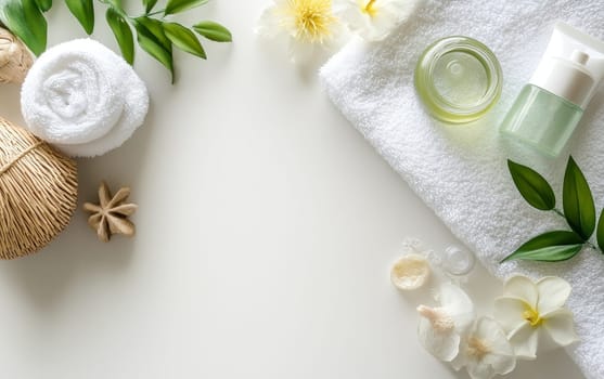 Spa essentials including towels, flowers, essential oils, and beauty products arranged on white background with copy space, embodying relaxation and self care.