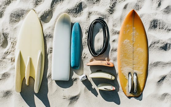 Various surfboards and surfing accessories arranged on sandy beach, representing summer water sports and coastal lifestyle.