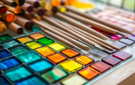 Close up of colorful watercolor paint palette with various paintbrushes, showcasing artistic tools and vivid pigments for creative expression.