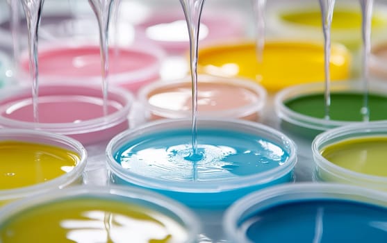 Clear liquid being poured into vibrant blue paint, surrounded by various colored paints in plastic containers, showcasing art supplies and creativity.