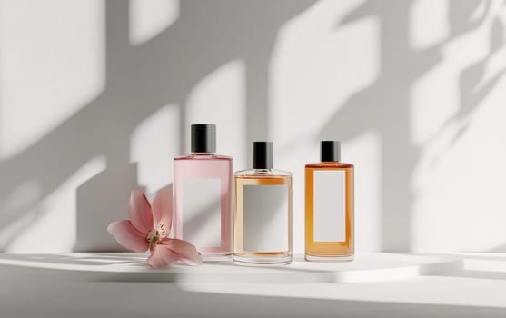 Three elegant perfume bottles with blank labels in pink and amber hues, accompanied by delicate flower, bathed in soft sunlight casting artistic shadows.