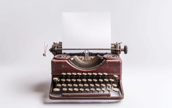Old brown typewriter with blank white paper inserted, ready for creative writing or nostalgic storytelling, set against a light background with copy space.