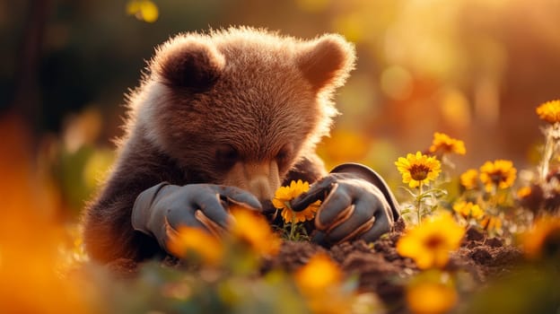 A bear cub in gloves gently sniffs a vibrant flower in a sunlit garden.
