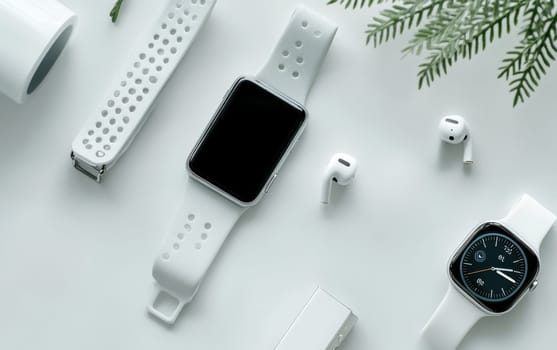 Modern white smartwatch with perforated strap, wireless earbuds, and smartphone on a clean white background with fern leaves, showcasing contemporary tech accessories.