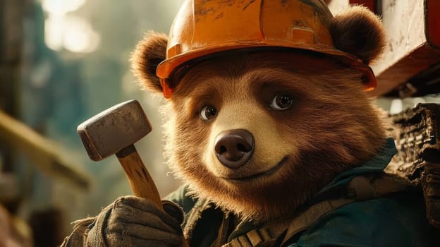 A bear wearing a hard hat holds a hammer, smiling in a construction setting.