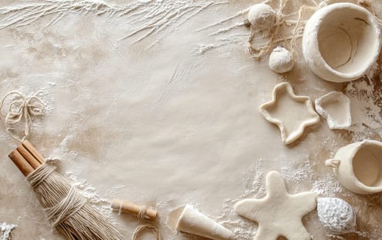 Various ceramic crafting tools, clay shapes, and bowls arranged on a floured surface, showcasing pottery making process with ample copy space.