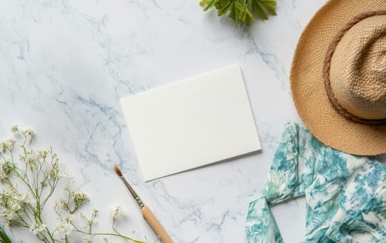 Vacation accessories including straw hat, floral scarf, and white flowers arranged around blank card on marble background, embodying summer holiday planning.