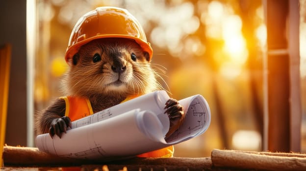 An otter wearing a construction helmet holds blueprints in a sunlit building site.