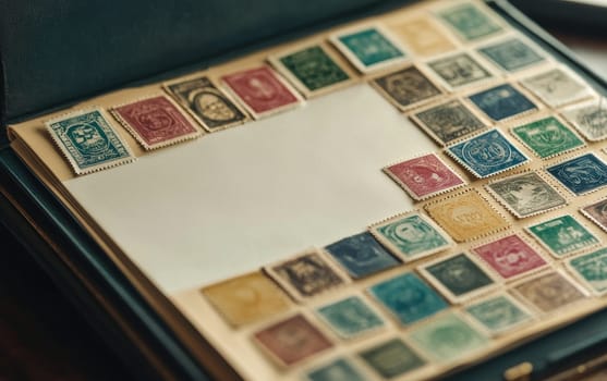 Colorful array of vintage postage stamps arranged around blank space on an album page, showcasing philately hobby and postal history.
