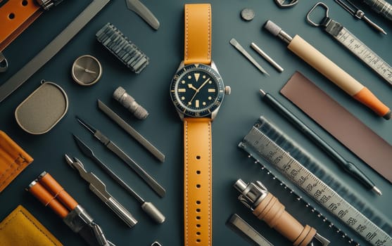 Elegant diver's watch with yellow leather strap surrounded by precision tools and equipment for watchmaking and leather crafting on dark background.