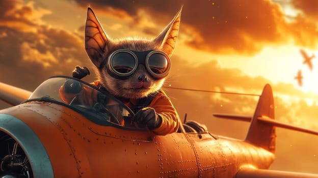 A fennec fox wearing aviator goggles pilots an orange airplane against a dramatic sunset sky.