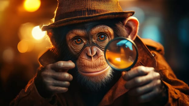 A chimp dressed as a detective holds a magnifying glass, solving mysteries in a dimly lit room.