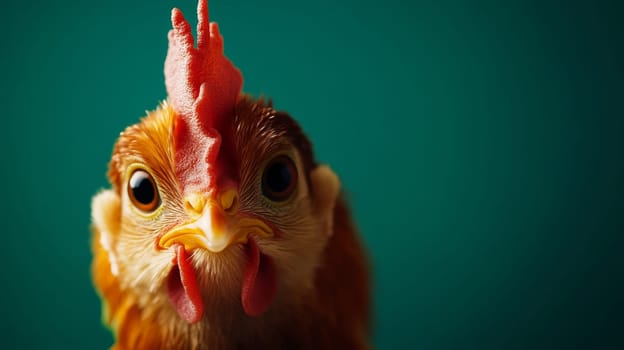 A close up portrait of a chicken with a vibrant comb, set against a green background.