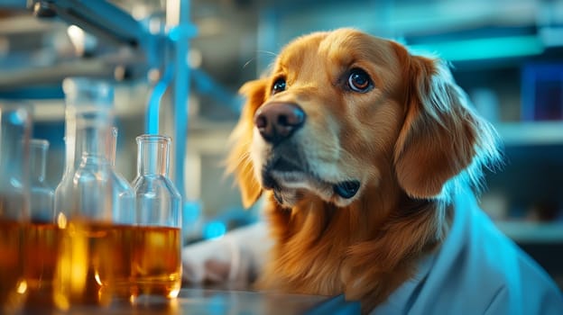 A golden retriever in a lab coat curiously observes experiments in a laboratory, blending science and charm.