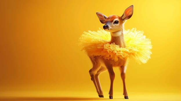 A charming fawn dressed in a vibrant yellow tutu stands gracefully against a bright yellow background, offering copy space.