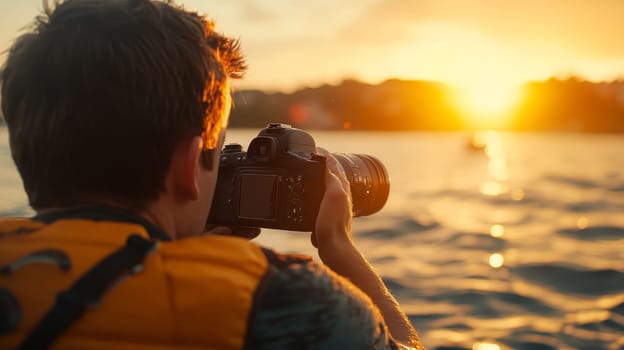 A focused photographer in a yellow vest captures the beauty of a sunset over water, highlighting his passion for nature.