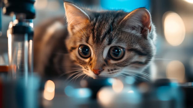 A wide eyed kitten explores a laboratory setting, surrounded by scientific equipment.
