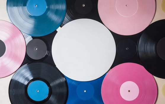 Assorted vinyl records in blue, pink, black, and white arranged around a central blank space, showcasing music diversity and retro audio aesthetics.
