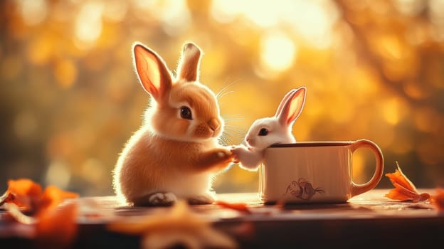 Two bunnies play together, with one in a cup, surrounded by autumn leaves and warm light.