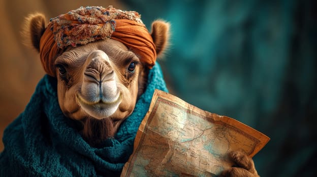 A camel dressed as an explorer examines an ancient map, wrapped in colorful fabric.