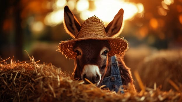 A playful donkey wearing a straw hat peers over hay bales at sunset, embodying rural charm and whimsy.