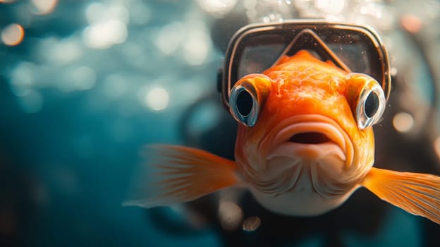 A goldfish wearing diving goggles swims underwater, exploring its aquatic world with curious eyes and a sense of adventure.