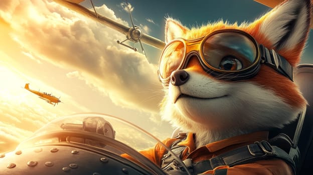 A confident fox in aviator goggles pilots an airplane through the clouds, embodying adventure and freedom.