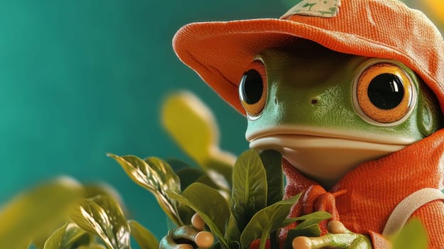 A charming frog in an orange hat holds a plant, showcasing a whimsical take on gardening.