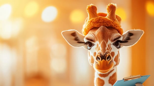 A giraffe dressed as a nurse holds a clipboard, merging healthcare with animal charm.