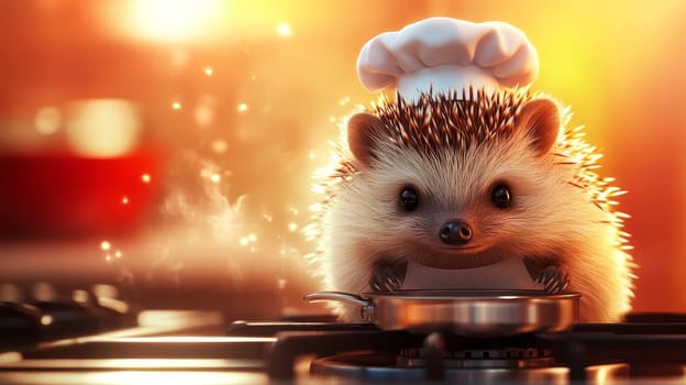 A hedgehog in a chefs hat cooks on a stove, adding a delightful touch to culinary creativity.