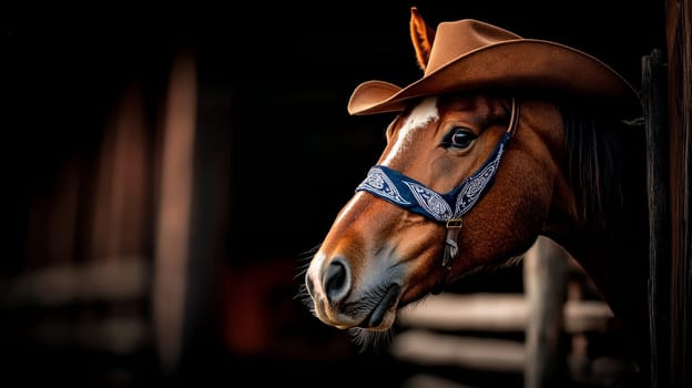 A cowboy horse wearing a hat, capturing the essence of the Wild West with equestrian flair.
