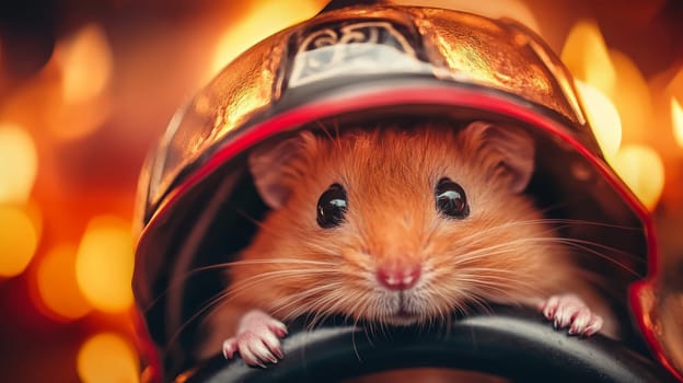 A brave hamster wearing a firefighter helmet, ready for action amidst a backdrop of flames.