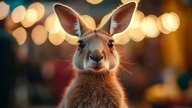 A curious kangaroo gazes forward, surrounded by warm bokeh lights, creating a whimsical atmosphere.