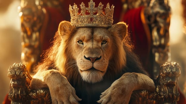 A regal lion wearing a golden crown, seated on an ornate throne, exuding power and majesty.