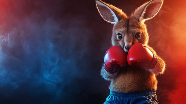 A kangaroo in boxing stance with red gloves, ready for action amidst dramatic lighting and smoke.