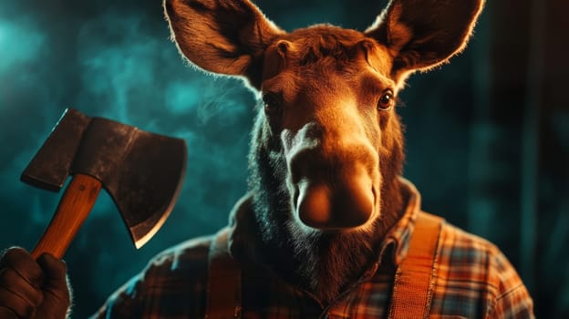 A moose dressed as a lumberjack, holding an axe, set against a dramatic forest backdrop.