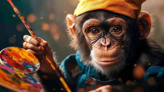 A creative chimpanzee holding a paintbrush and palette, immersed in artistic expression.
