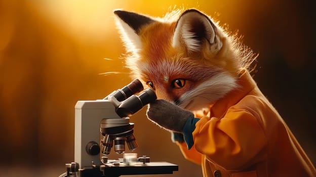 A curious fox dressed as a scientist peers into a microscope, blending nature with scientific exploration.