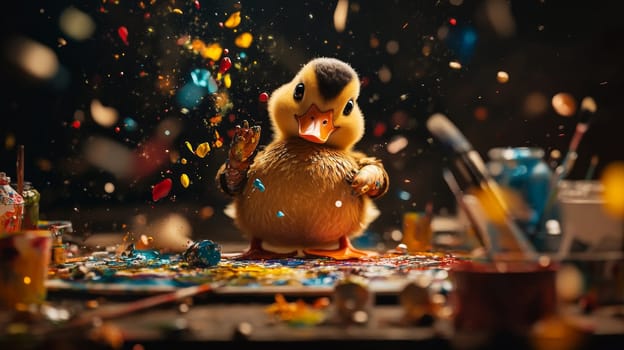 An adorable duckling gets creative with paints, splattering vibrant colors in a lively artistic setting.