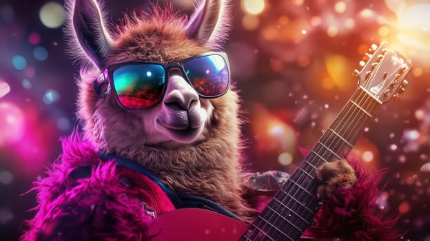 A llama dressed as a rock star, wearing sunglasses and holding a guitar, ready to perform.
