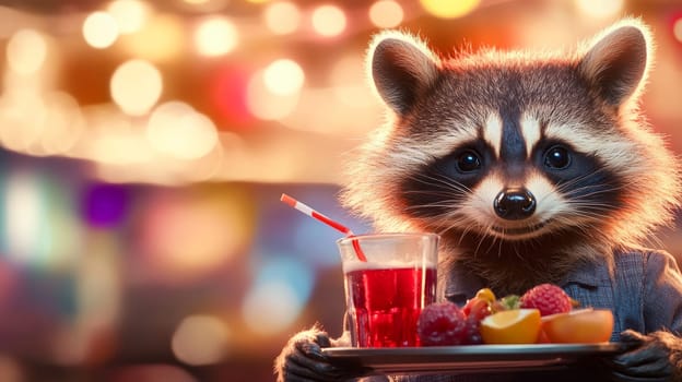 A raccoon dressed as a waiter holding a tray with a fruity drink, set against a colorful bokeh background.