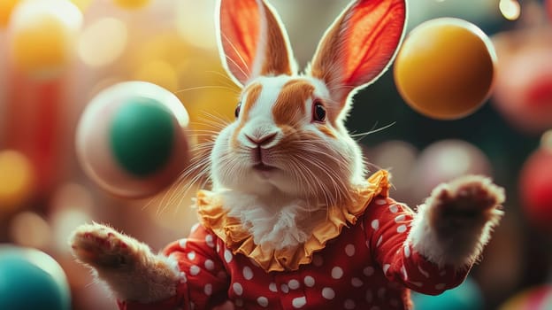 A playful rabbit in a polka dot costume juggling balls in a festive atmosphere.