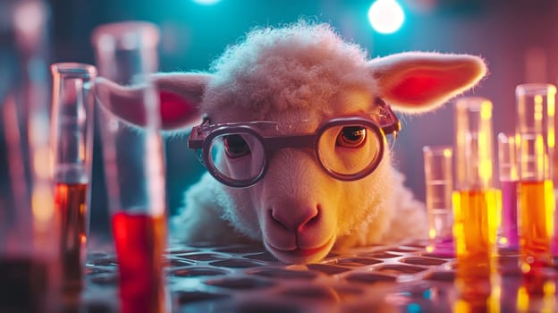 A sheep wearing glasses is surrounded by test tubes in a laboratory, embodying a whimsical scientific theme.
