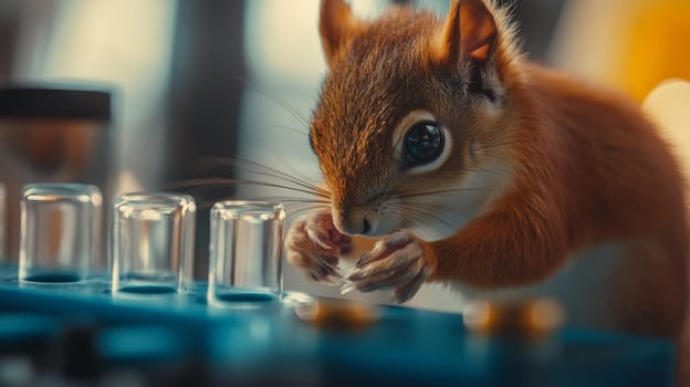 A curious squirrel examines test tubes in a lab setting, blending nature with science in a playful way.