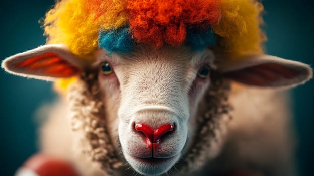 A sheep dressed as a clown with a vibrant rainbow wig and red nose, bringing joy and laughter.